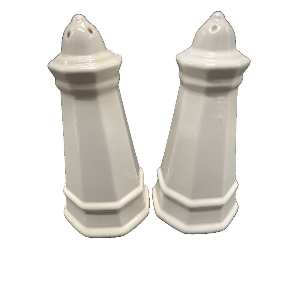 Pfaltzgraff Heritage Salt and Pepper Ceramic Shakers White Lighthouse Ocean